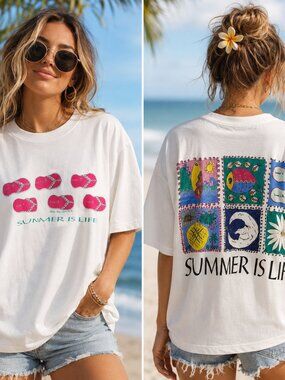 Delta Cotton SZ XL Single Stitch Summer Is Life Front/Back Graphic Tee Made USA
